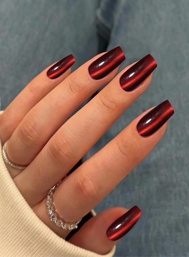 أظافر KXAMELIE اللاصقة بتصميم عين القطة، طويلة ومربعة، مطلية بالكروم، حمراء داكنة، بتصميم تابوت، لامعة، تغطي كامل الوجه، مصنوعة من الأكريليك، مع غراء أظافر، قابلة لإعادة الاستخدام، سهلة الاستخدام، 30 قطعة - Image 2